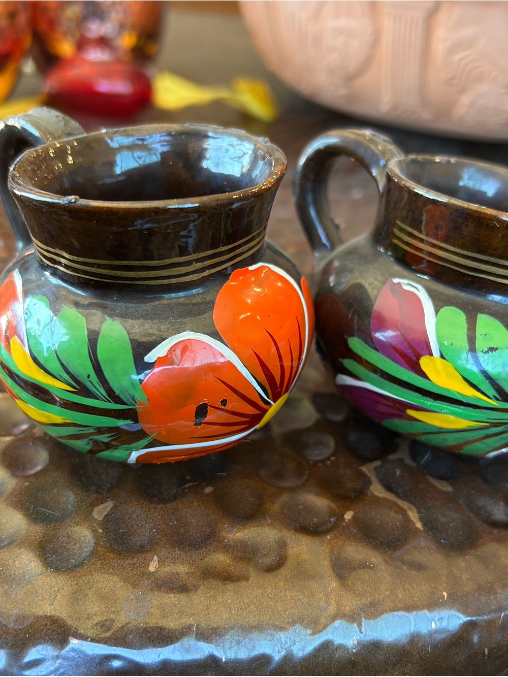 Set of 2 Hand-Painted Floral Ceramic ollas- shot glasses from Mexico